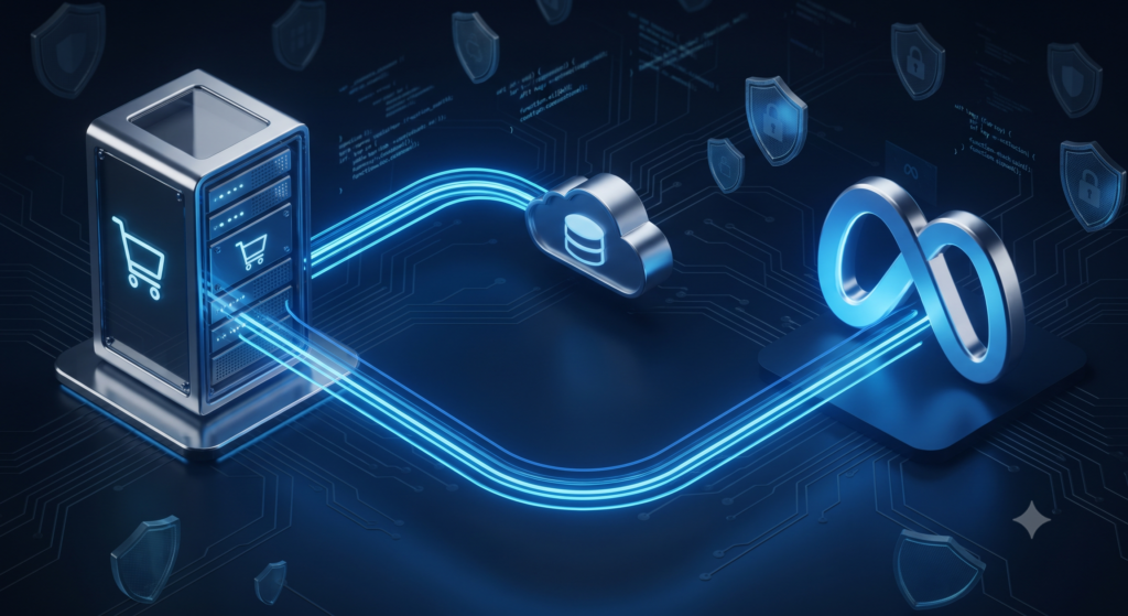 Futuristic 3D visualization of server-side data tracking for Meta Conversions API showing data flowing securely from a server to the Meta cloud in Octazing brand colors.