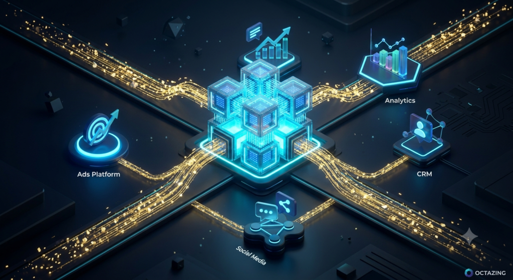 Futuristic server architecture representing server-side tracking and data flow optimization for digital marketing.