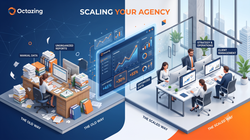 Digital transformation of a marketing agency showing the shift from manual reporting to automated data dashboards.