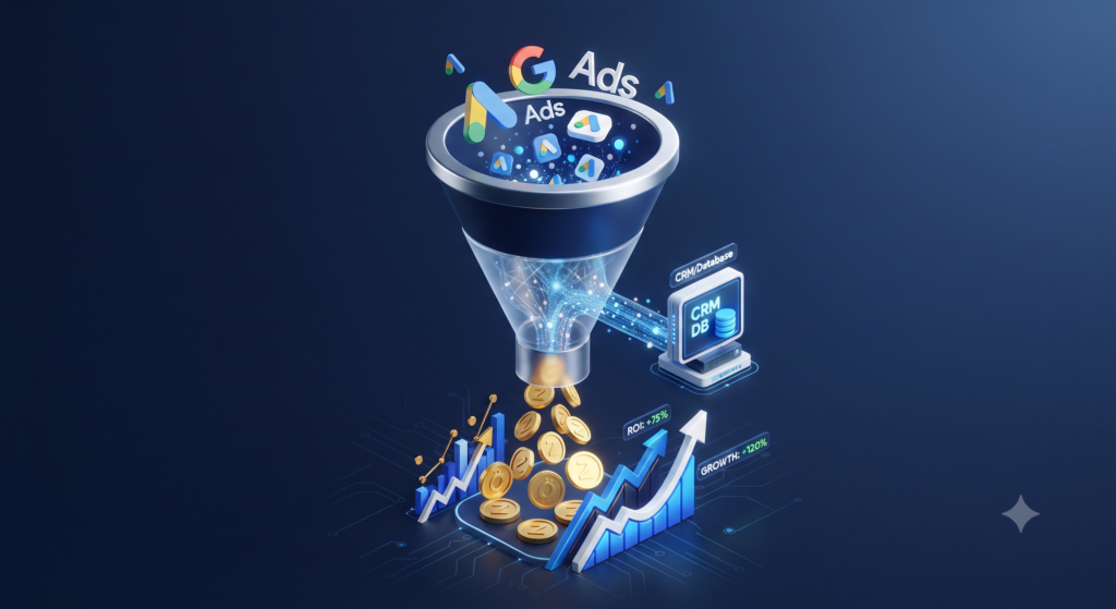 Digital marketing funnel visualizing the connection between Google Ads and CRM revenue data for offline conversion tracking.