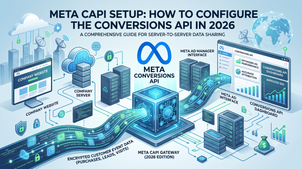 Illustration of server-side data flow architecture for Meta CAPI tracking.