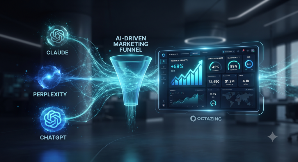 Conceptual visualization of AI attribution data showing traffic from ChatGPT, Claude, and Perplexity funneling into a growth dashboard.