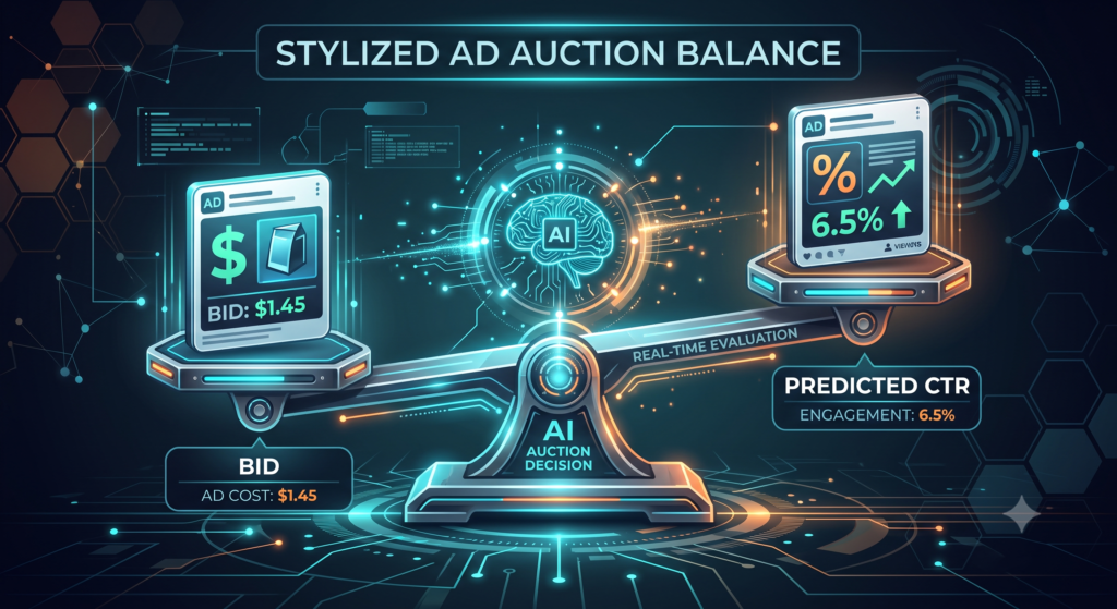 A stylized auction/scale graphic — two ad icons on either side of a balance scale, one labeled "Bid," the other "Predicted CTR," with a small AI/circuit icon at the fulcrum deciding the winner.