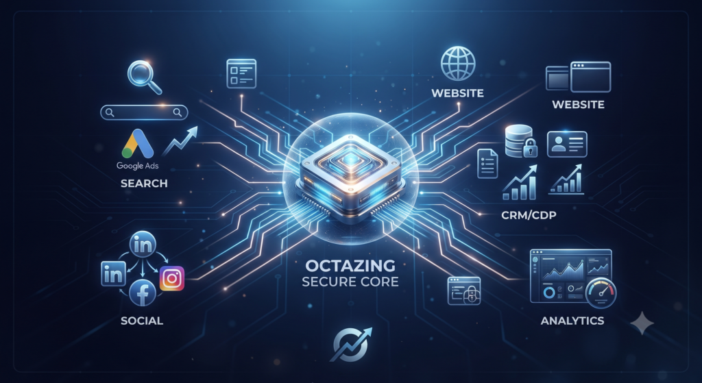Digital data architecture visualization representing secure server-side tracking and marketing analytics integration.