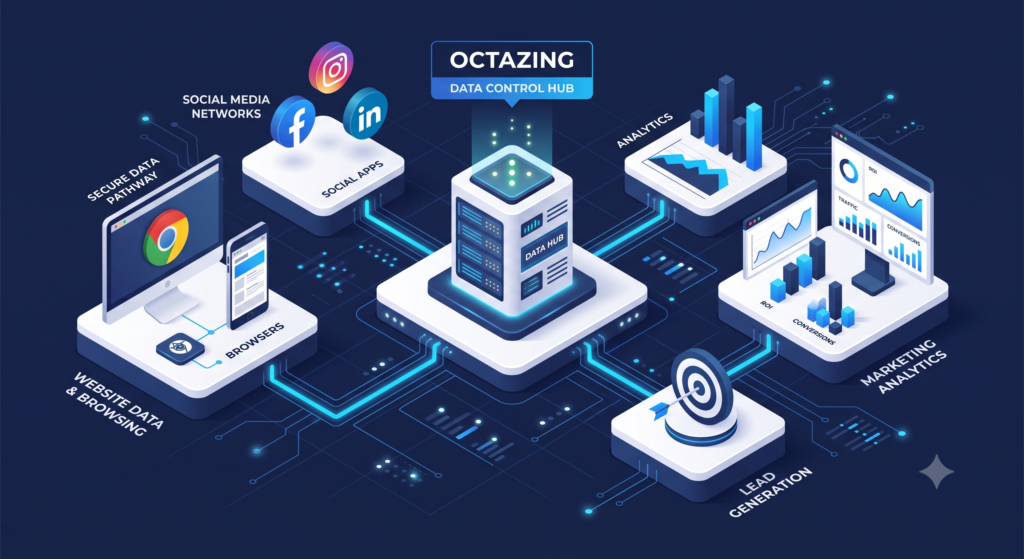 Illustration representing server-side tracking as a secure data bridge for digital marketing analytics.