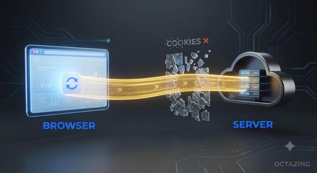 3D illustration of secure server-side tracking, demonstrating conversion data flowing from a browser to a cloud server to bypass privacy restrictions.