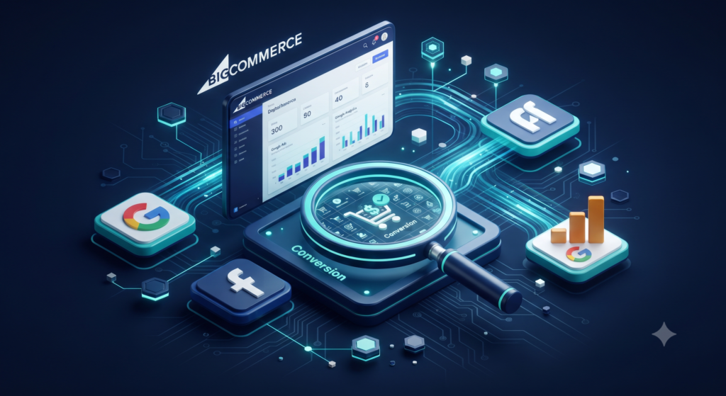 Isometric 3D illustration showing BigCommerce data integration with Google Ads and Meta Pixel for accurate conversion tracking.
