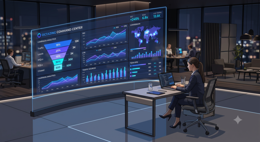 Digital marketing agency command center displaying conversion tracking analytics and data visualization charts for 2026.