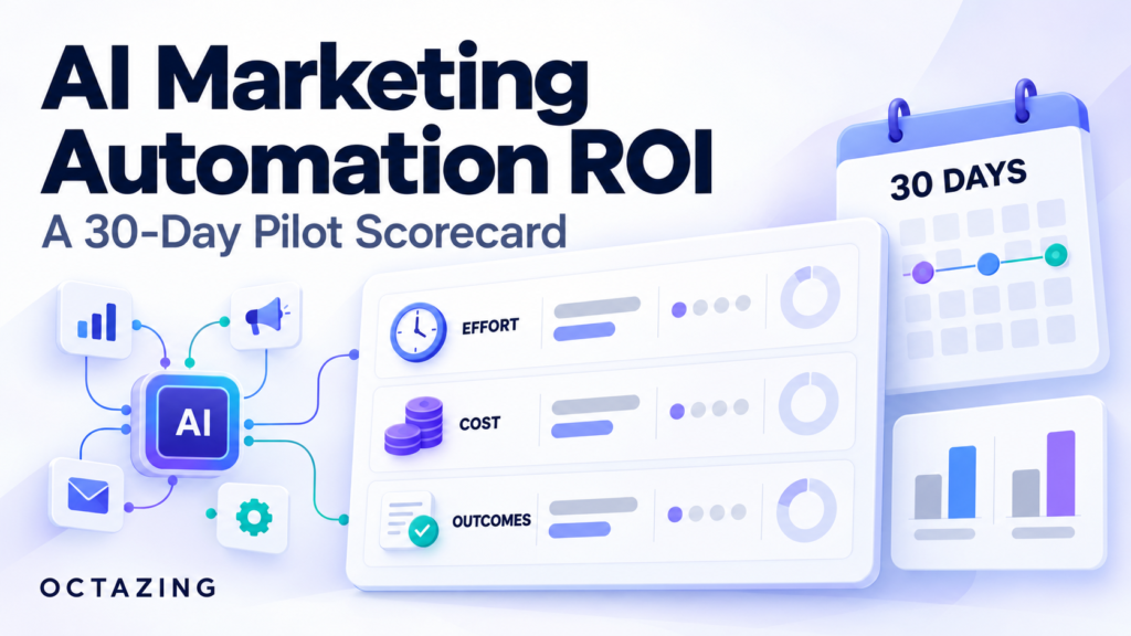 AI marketing automation pilot scorecard tracking effort, cost, and outcomes over 30 days.