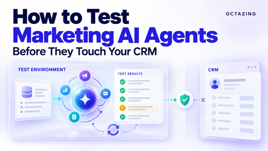 Marketing AI agent in a test environment with validation results and an approval checkpoint before CRM access.