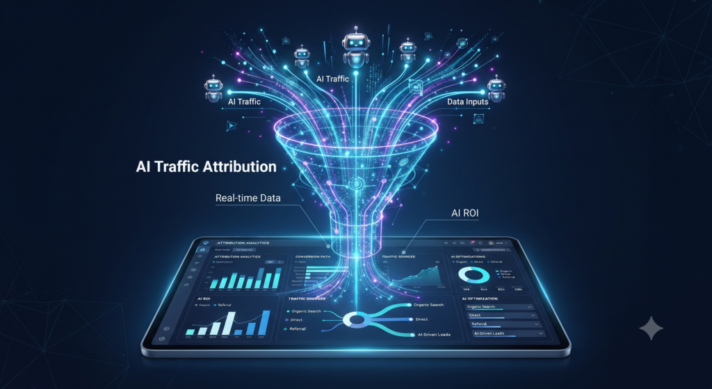 Abstract digital visualization of AI traffic attribution showing data flowing from AI bots into a marketing analytics dashboard.